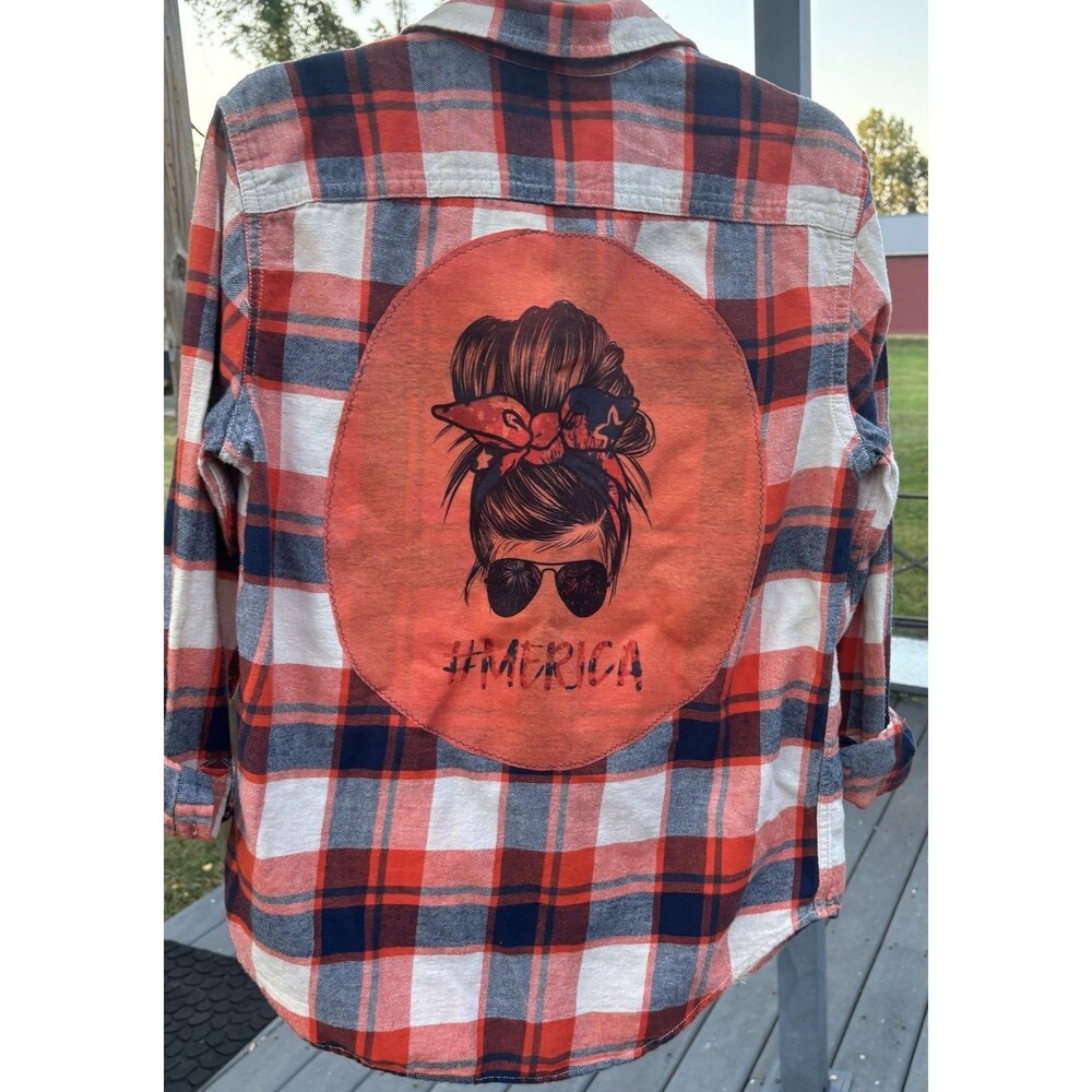‘Merica Upcycled Flannel Shirt Hippie Boho Country Orange & Blue Size Med Womens